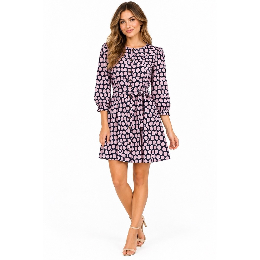 Who What Wear Dress M Navy Pink Polka Dot 3/4 Sleeve Tie Waist Button Front